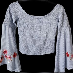 Guess Blue and White Seersucker Smocked Off the Shoulder Bell Sleeve Top Size Sm